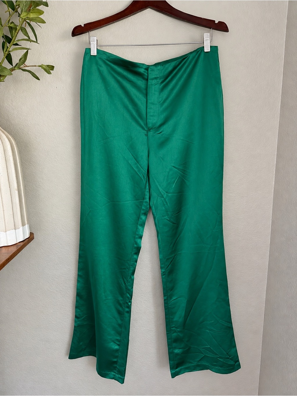 Jason Wu Emerald Green Satin Wide Leg Pants Size 6 High Rise Designer